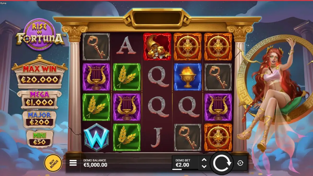 Interface do jogo Rise of Fortuna com a deusa Fortuna e rodas de bônus