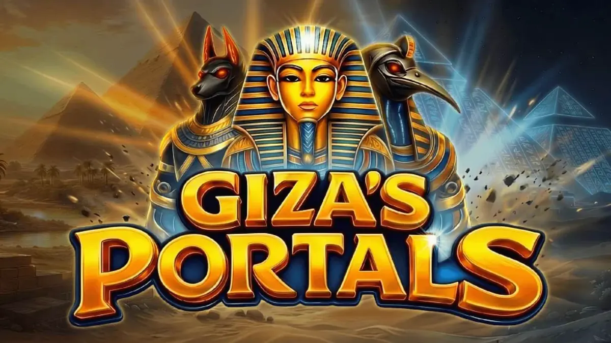 Cenário de templo egípcio com pirâmides ao fundo no slot Giza's Portals