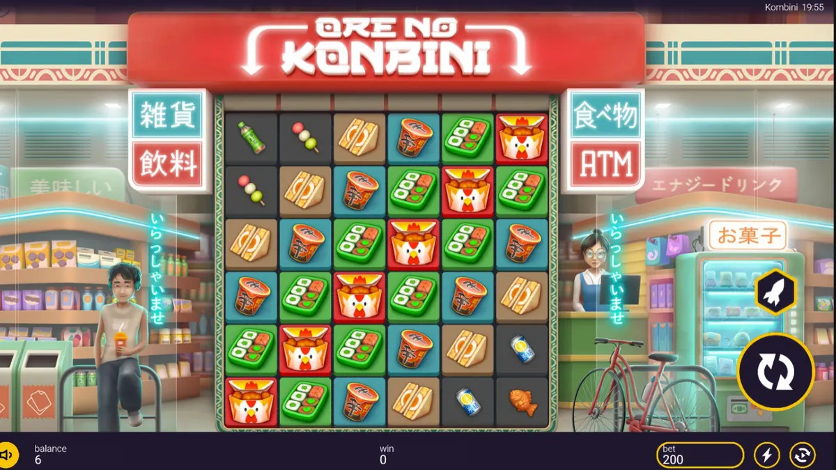 Interface do slot Ore No Konbini em um dispositivo móvel exibindo a grade de jogo e luzes neon.